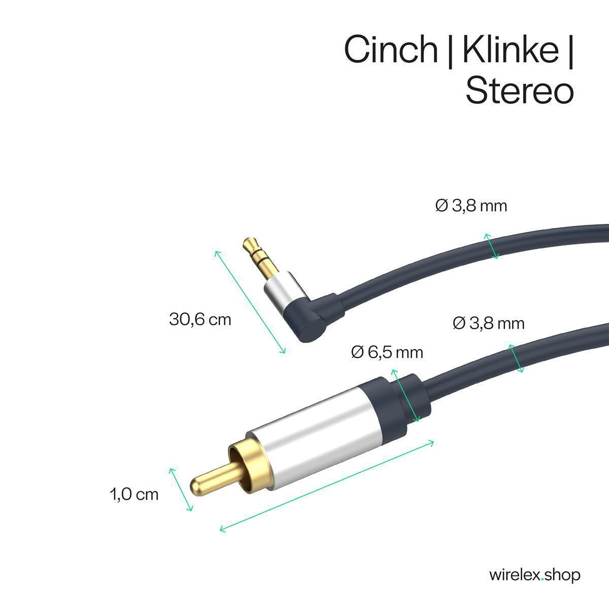 Diagramm von zwei Audiokabeln mit Maßen, Beschriftungen wie Cinch und Klinke. Weißer Hintergrund.