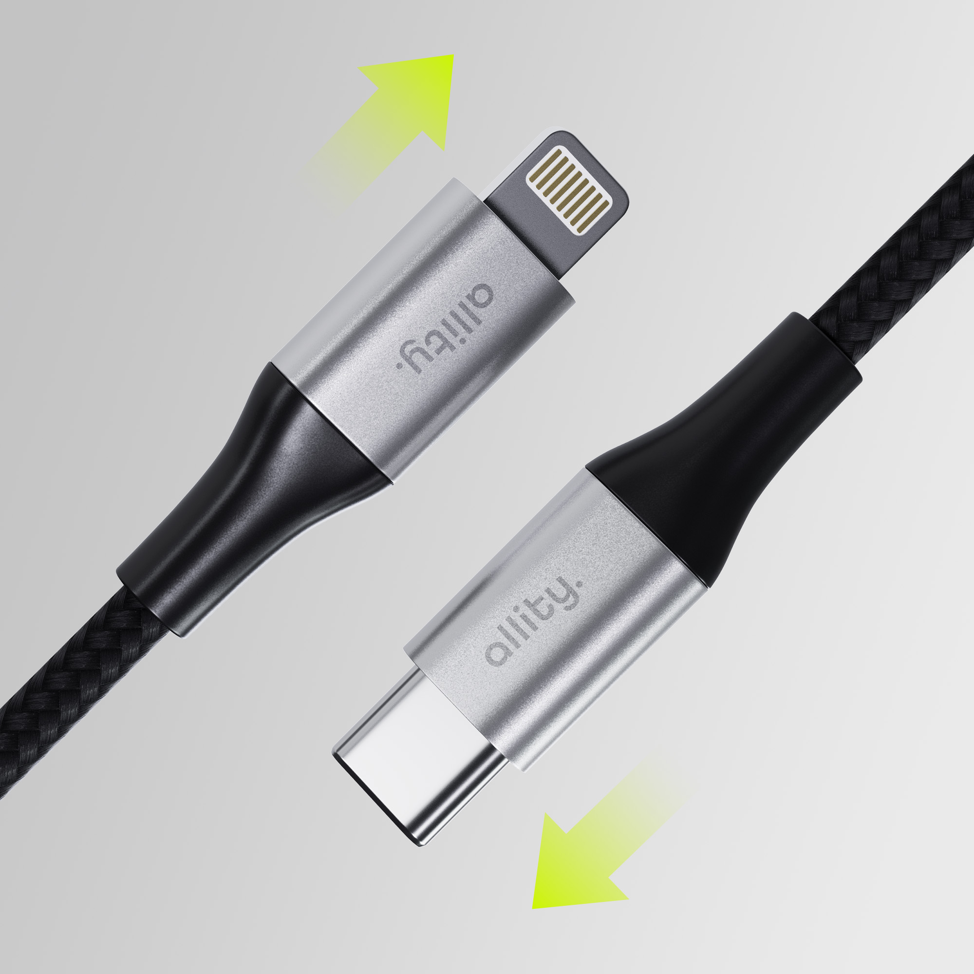 Dwa kable: jeden ze złączem Lightning, drugi z USB-C. Oba mają srebrne złącza.