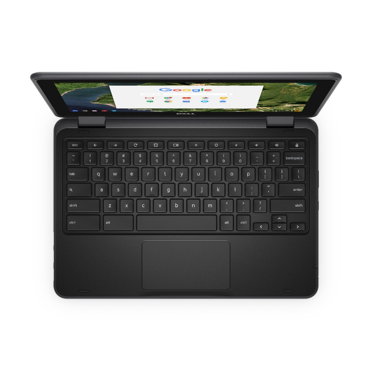 Ordenador portátil negro con pantalla abierta mostrando una página de búsqueda de Google, teclado visible.