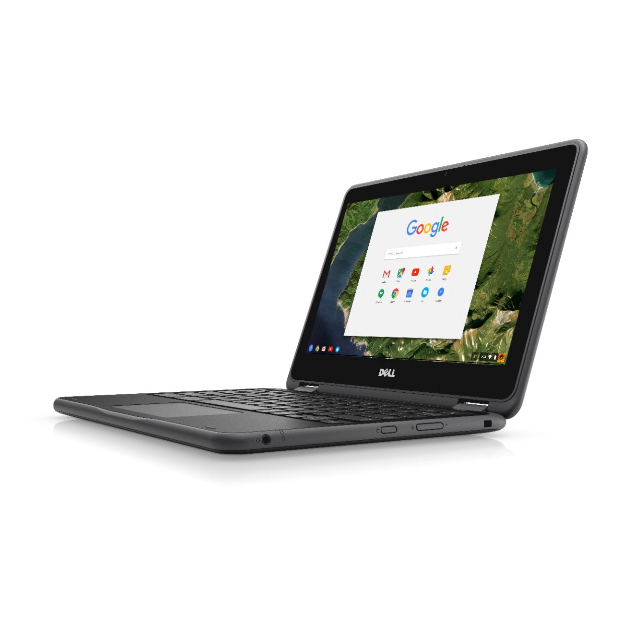 Un Chromebook Dell negro sobre una superficie blanca. La pantalla muestra una página de inicio de Google.