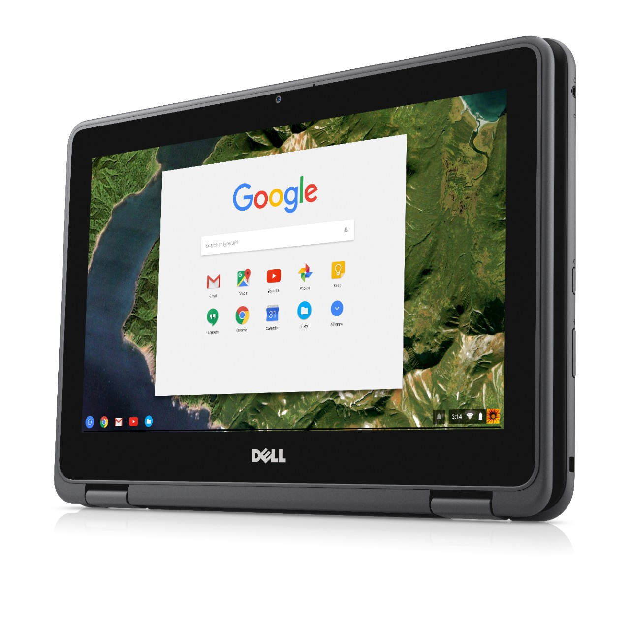 Tableta Chromebook Dell gris con una página de búsqueda de Google abierta en la pantalla.