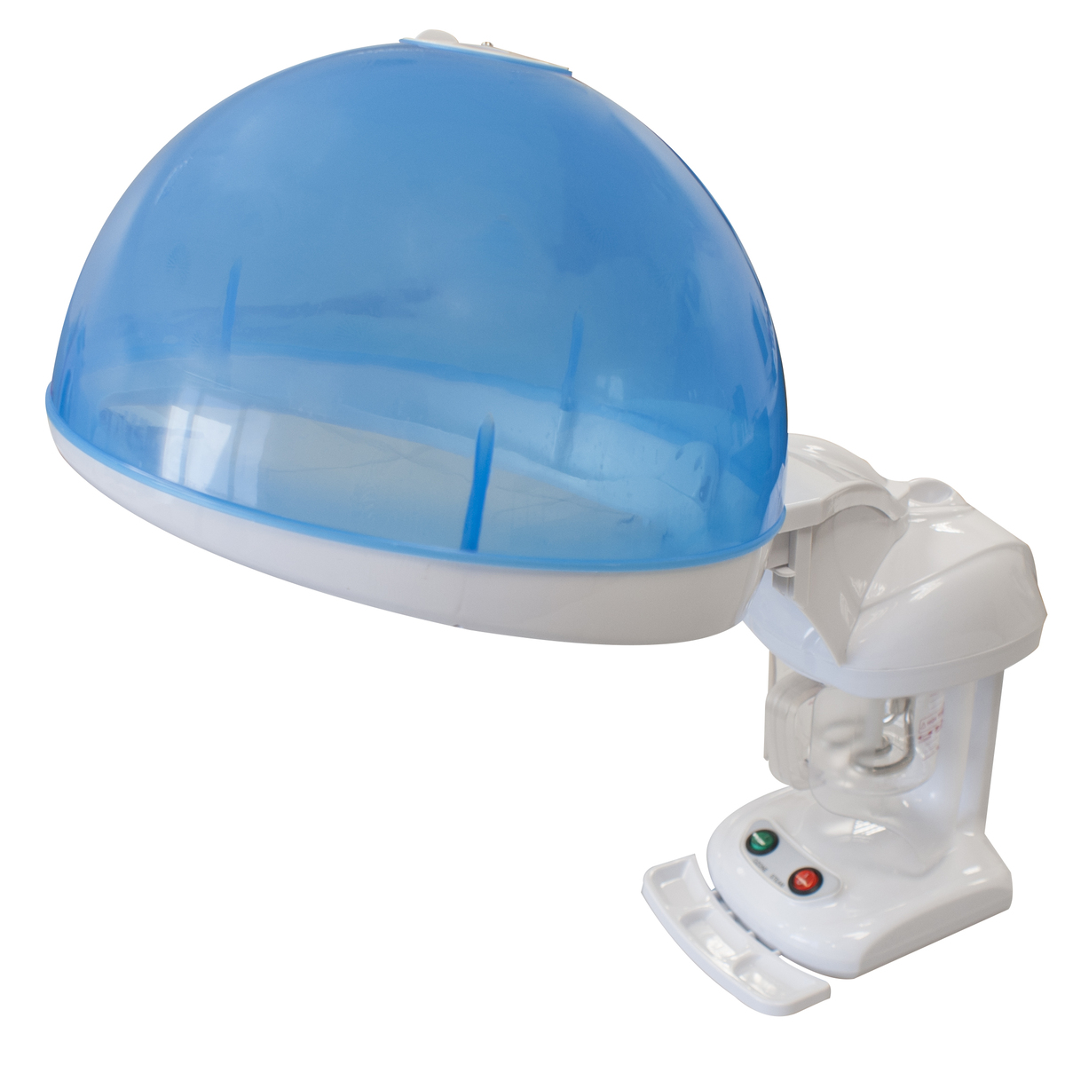 Niebieska i biała parownica do włosów, urządzenie z kopułą i białą podstawą.