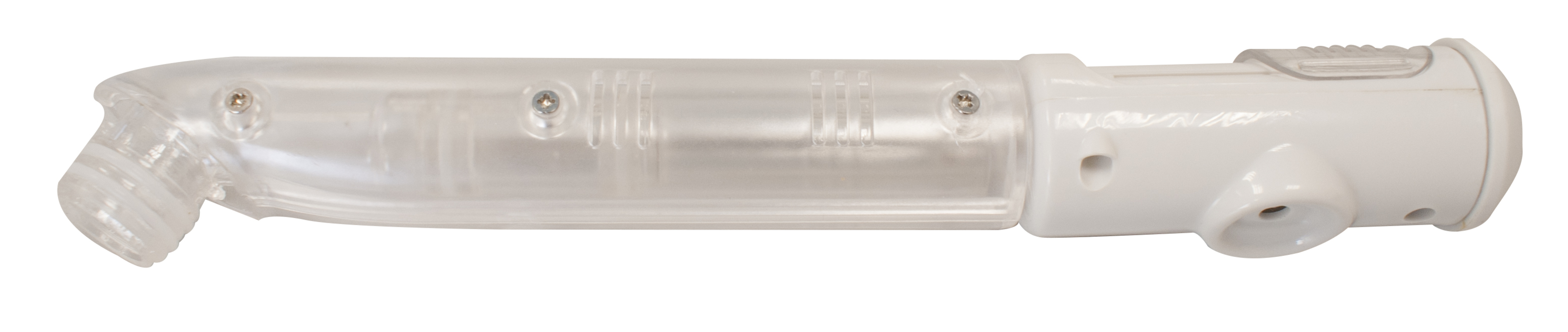 Przezroczyste, plastikowe urządzenie medyczne, prawdopodobnie do użytku oddechowego, na białym tle.