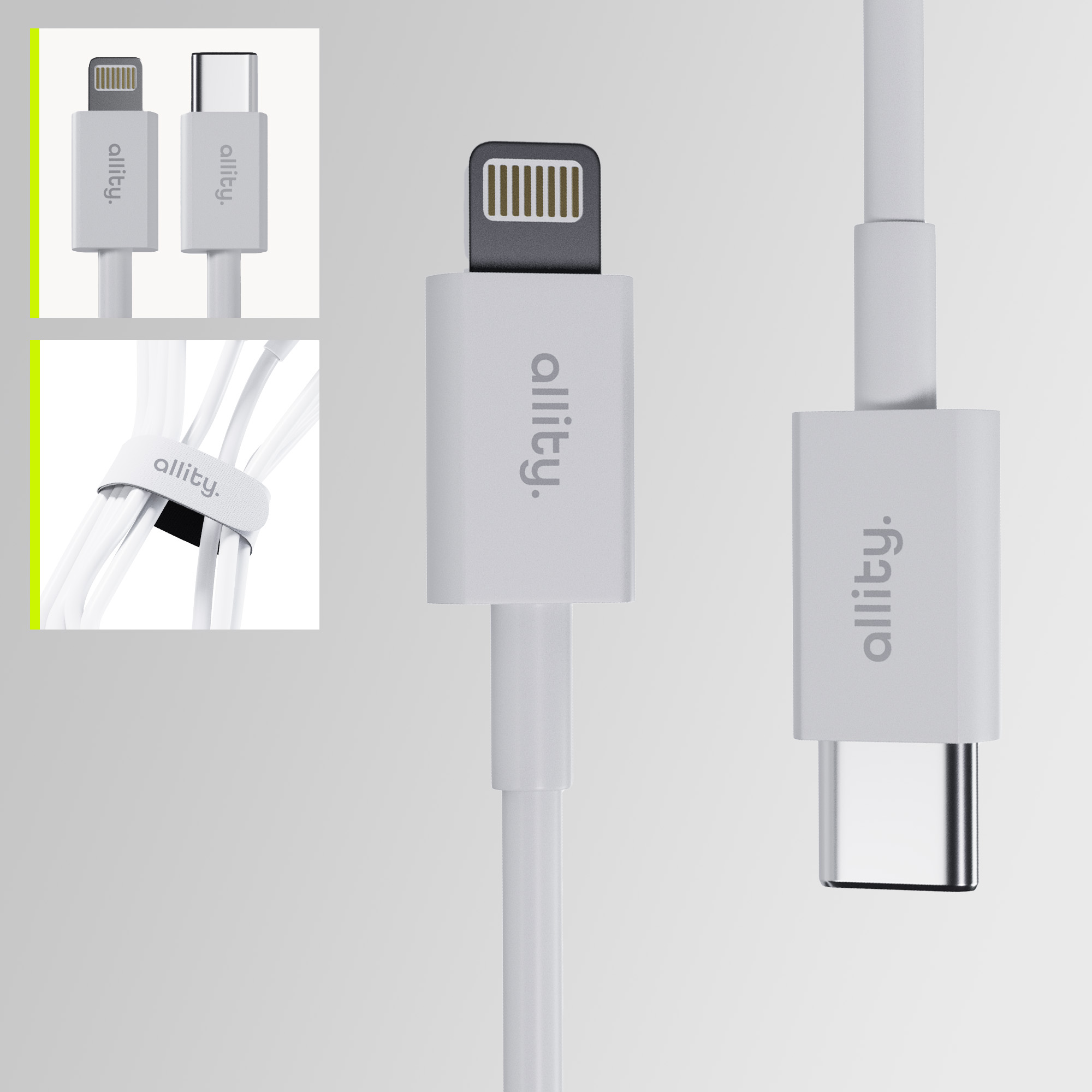 Białe kable ładujące ze złączami Lightning i USB-C.
