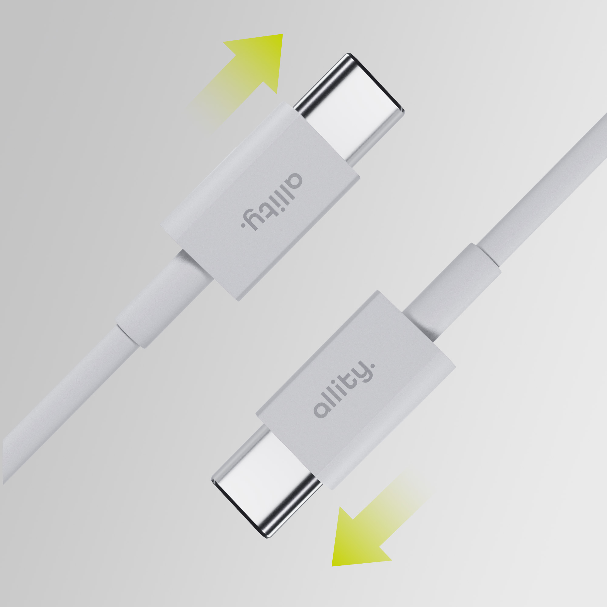Dwa białe kable USB-C połączone białym blokiem z napisem 'allity'. Żółte strzałki wskazują ruch.