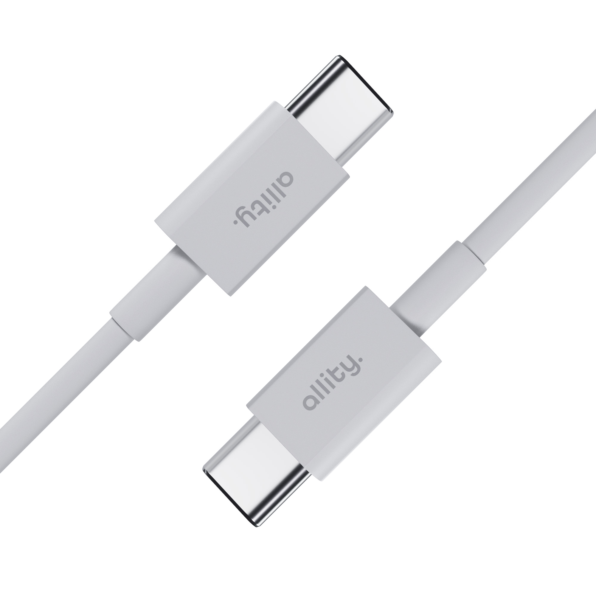 Dwa białe kable USB-C ze złączami na białym tle. Marka 'allty.' jest wydrukowana na każdym kablu.