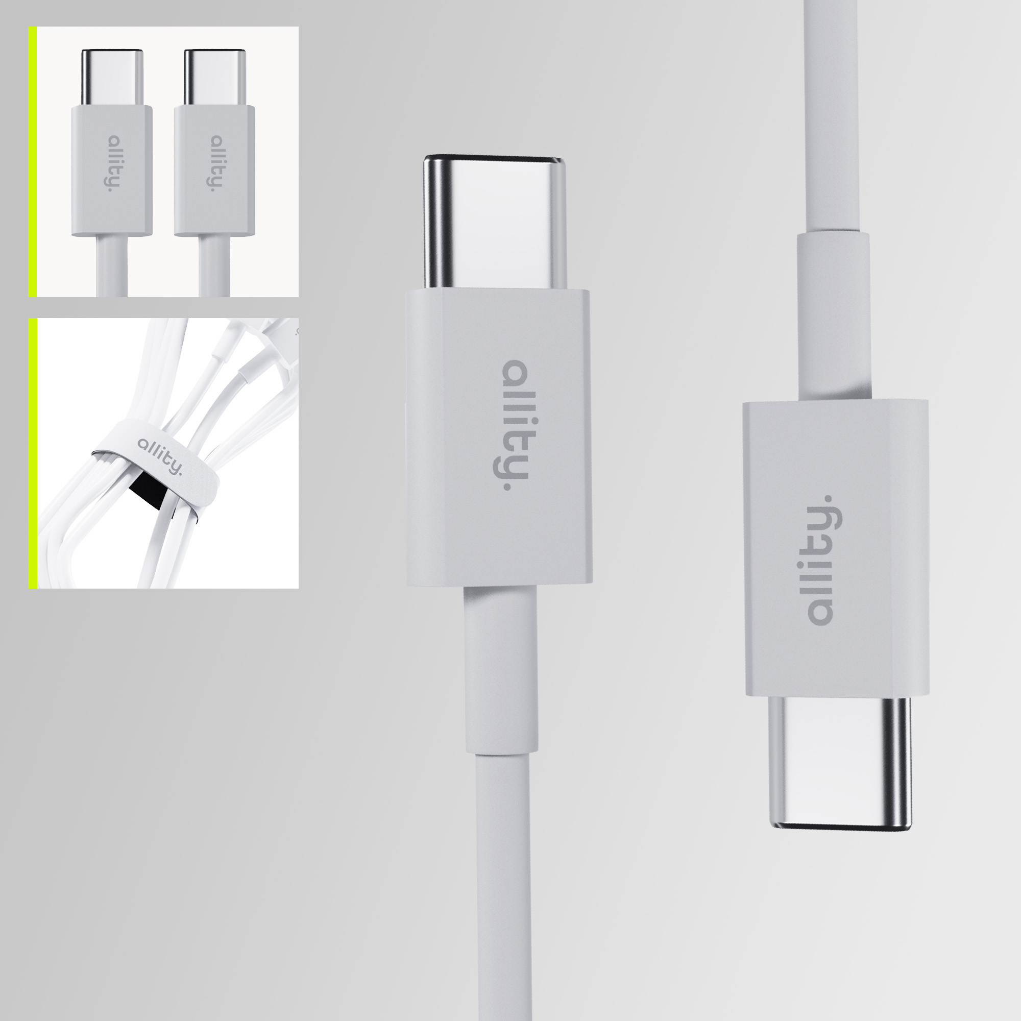 Białe kable USB-C z wyświetloną nazwą marki i zbliżeniami.