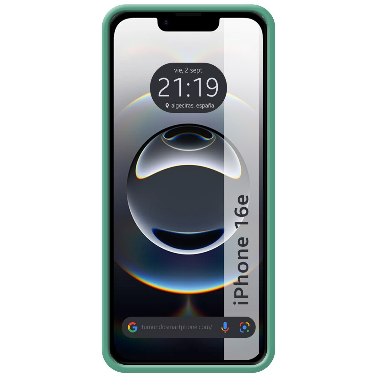 Un telefono con custodia verde che mostra un orologio e le parole iPhone 16e sullo schermo.