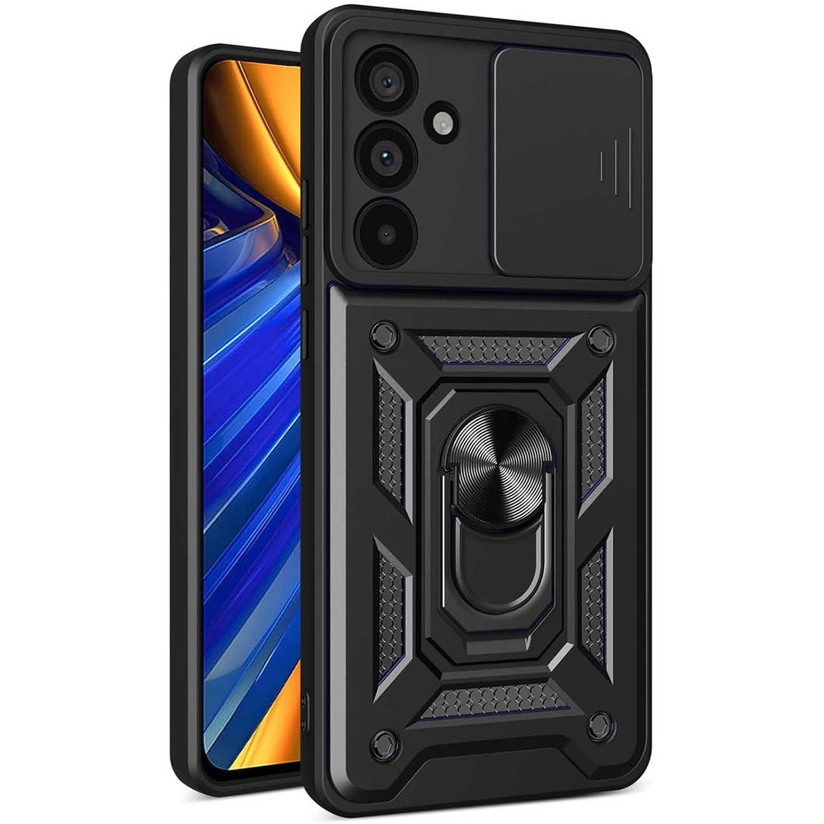 Custodia nera per telefono con anello. La custodia è su un telefono con schermo blu.