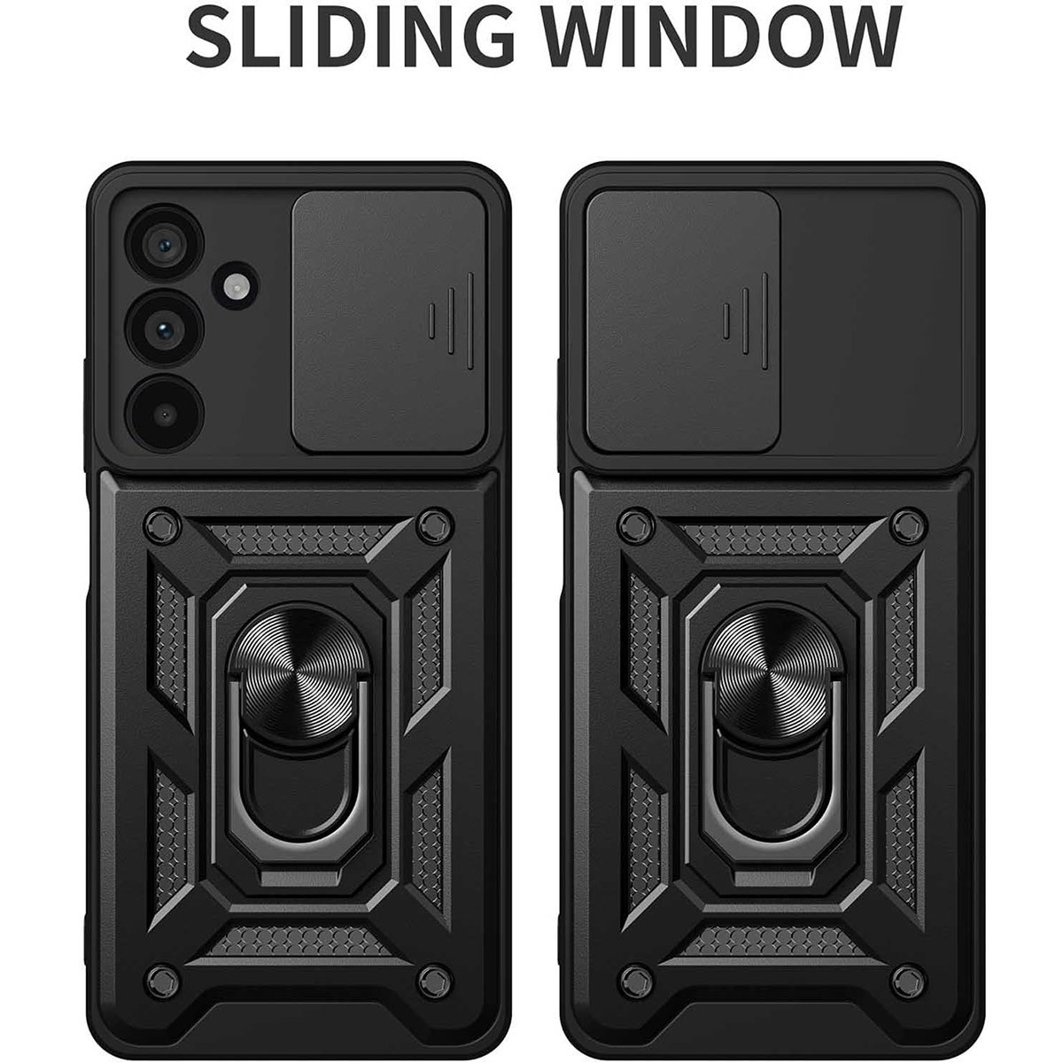 Custodia per telefono nera con copertura scorrevole per fotocamera e supporto ad anello. Sfondo bianco.