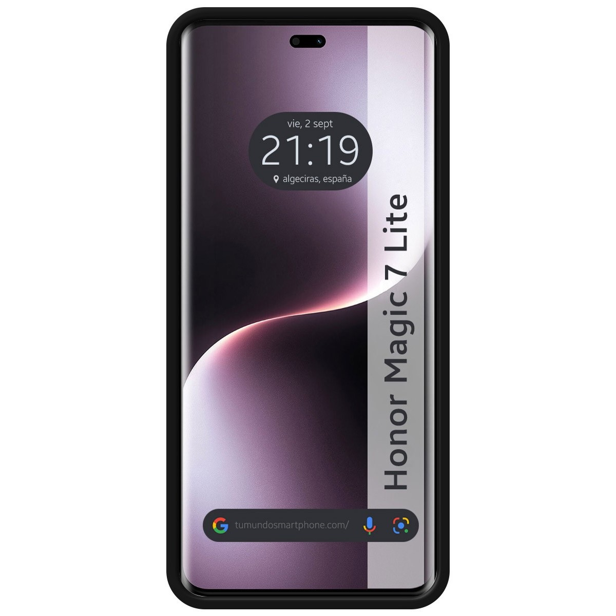 Telefono nero con custodia nera, mostra l'ora. Il lato destro ha le parole Honor Magic 7 Lite.