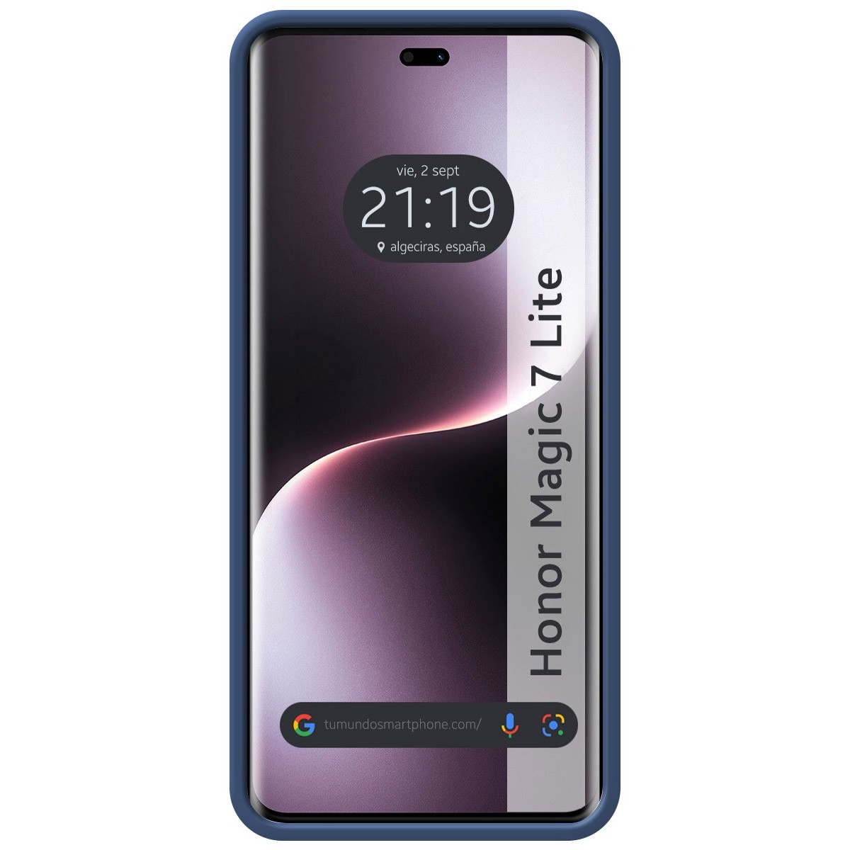 Custodia blu per telefono con schermo che mostra l'ora e un indirizzo web. Il telefono è un modello Honor Magic 7 Lite.
