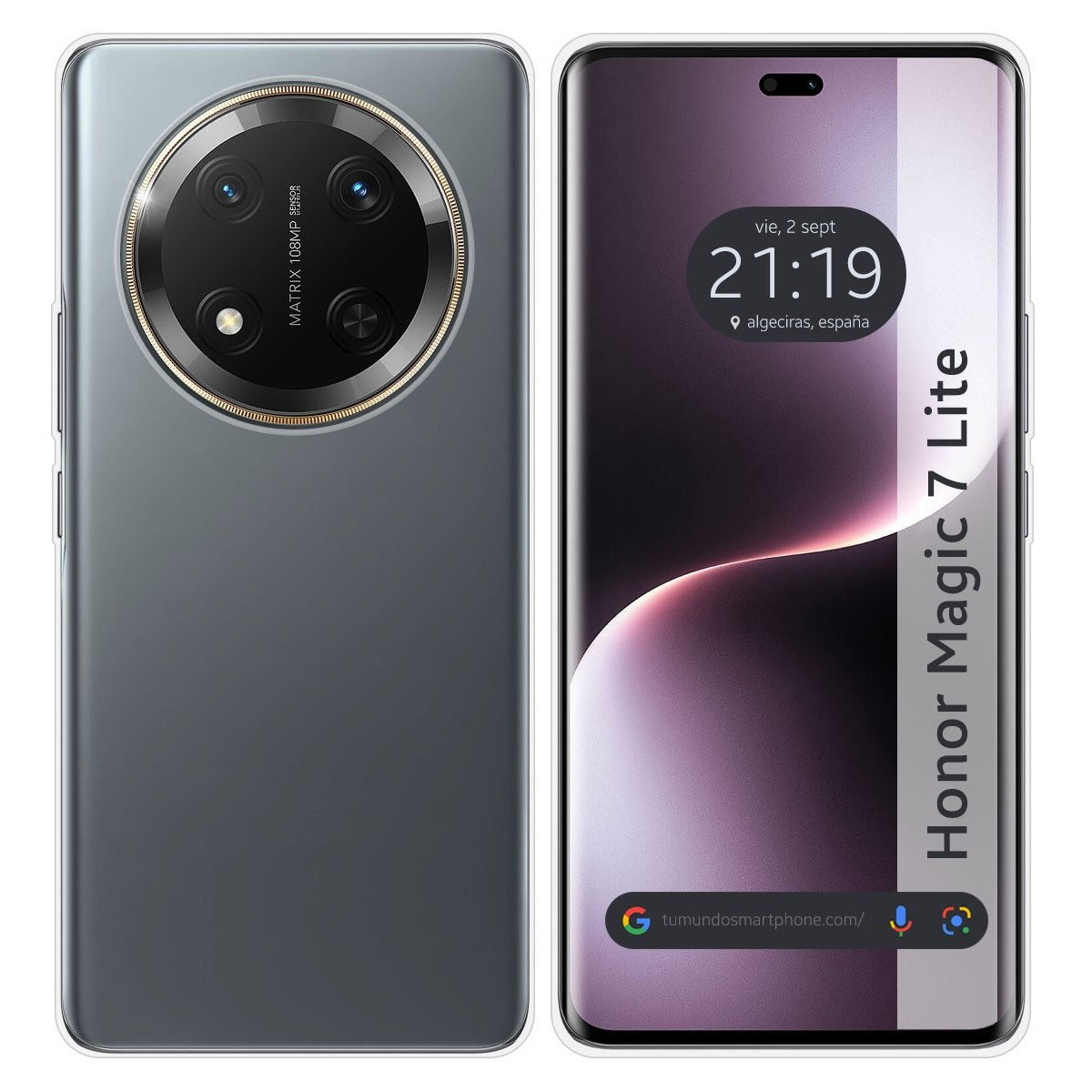 Telefono con doppie fotocamere posteriori e schermo orologio. Sfondo bianco.