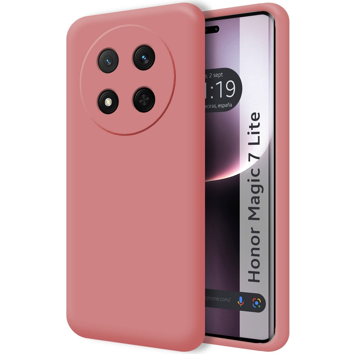 Custodia rosa per telefono con un rigonfiamento della fotocamera sul retro. Schermo del telefono visibile.