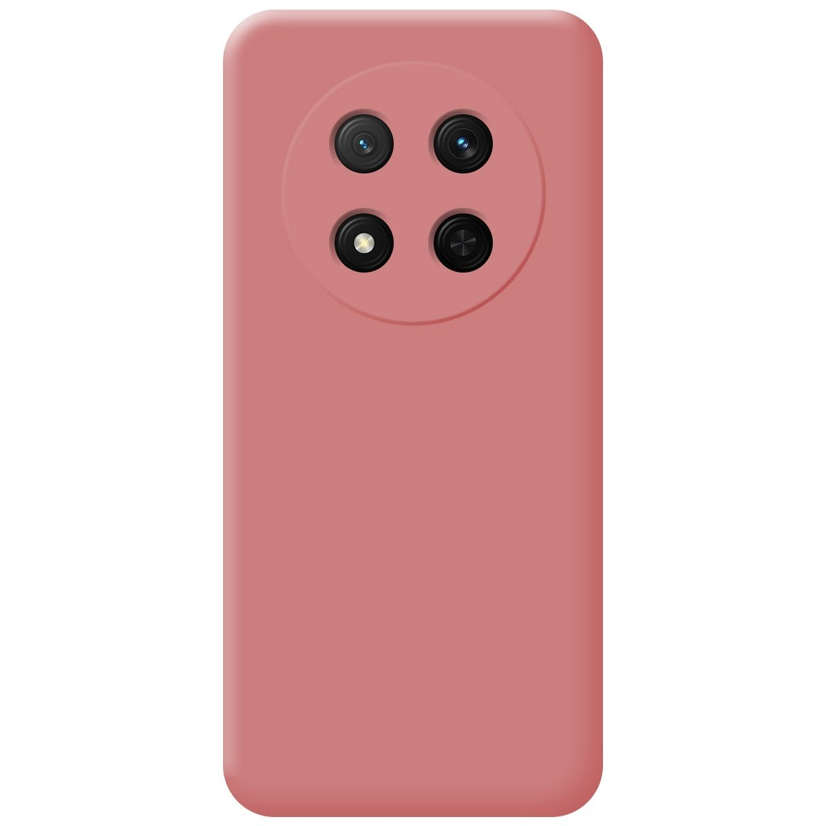 Una custodia per telefono rosa con un cerchio di fotocamere sul retro.