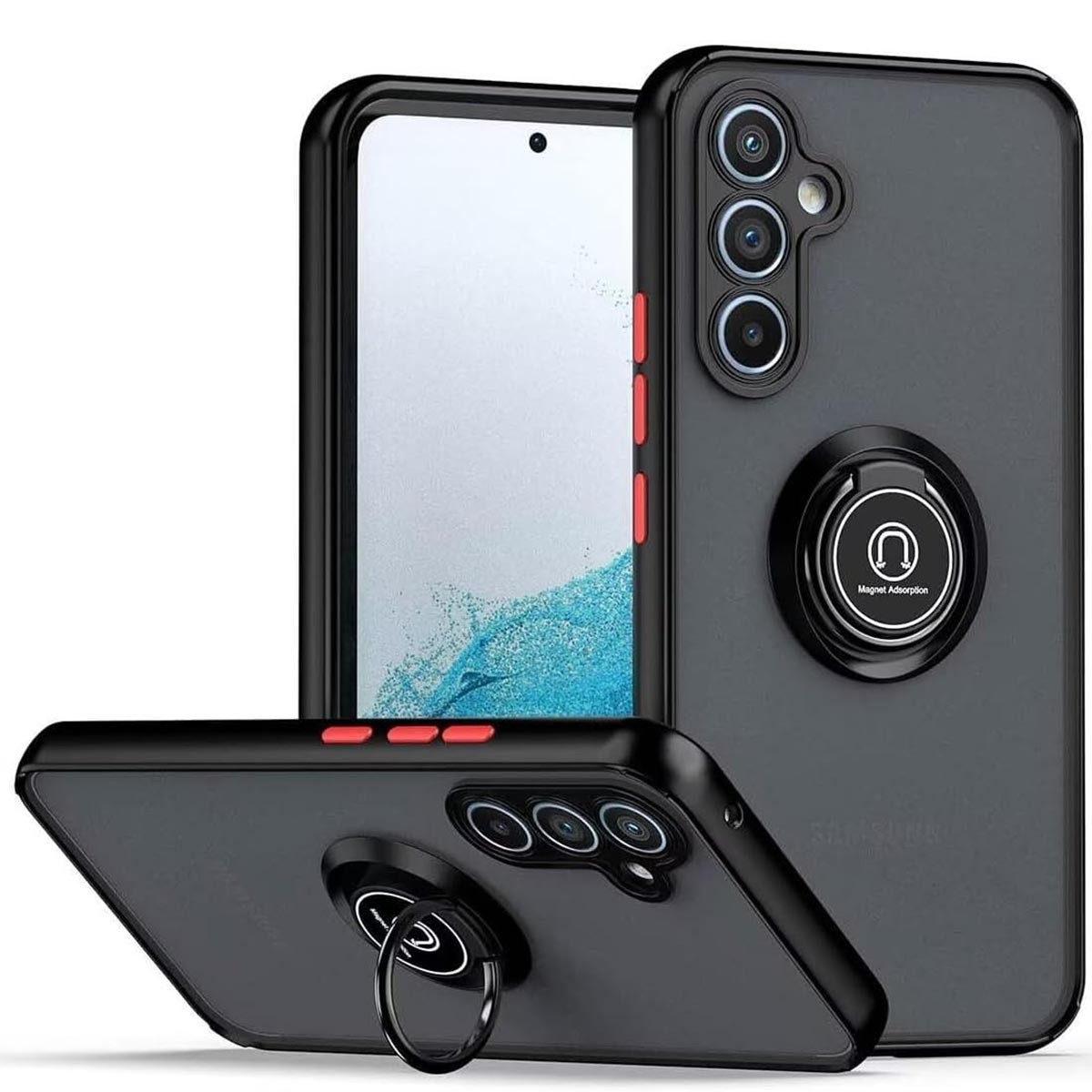 Custodia con telefono nero, supporto ad anello, sfondo bianco.