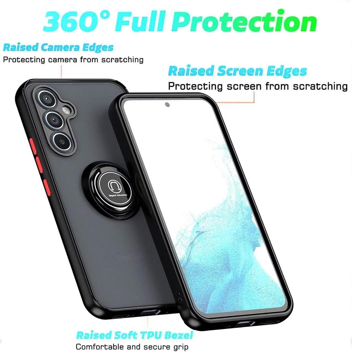 Telefono in una custodia con retro nero e schermo che mostra uno sfondo bianco. Testo: 360° Full Protection.