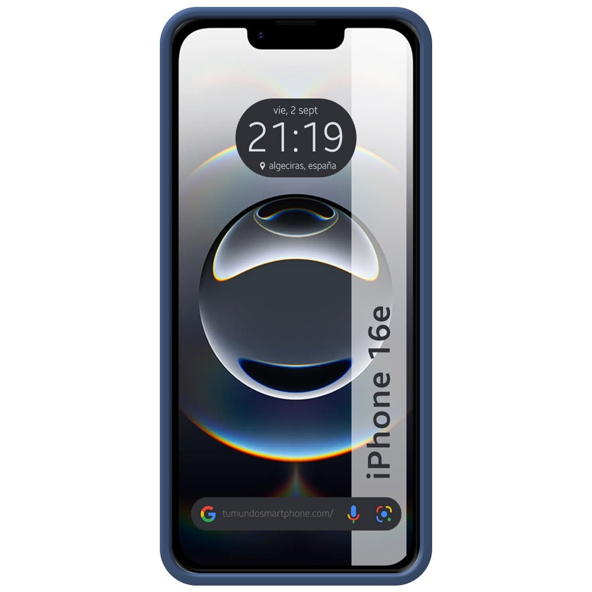 Custodia blu con telefono che mostra ora, data e l'etichetta iPhone 16e.