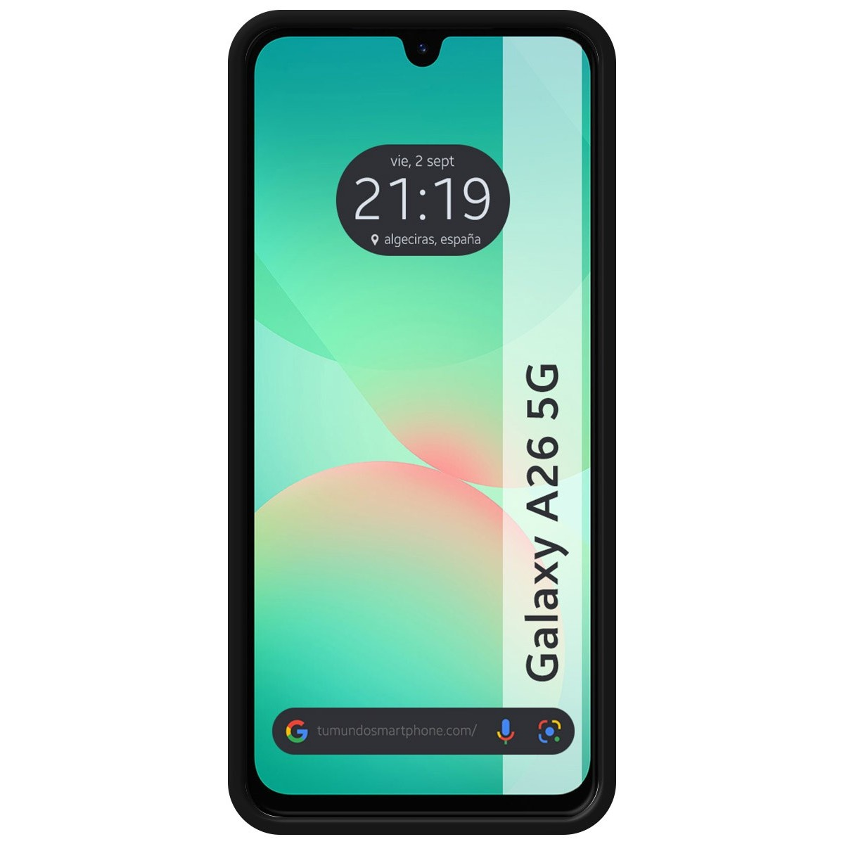 Smartphone negro con una gran pantalla. Muestra la hora y la ubicación.