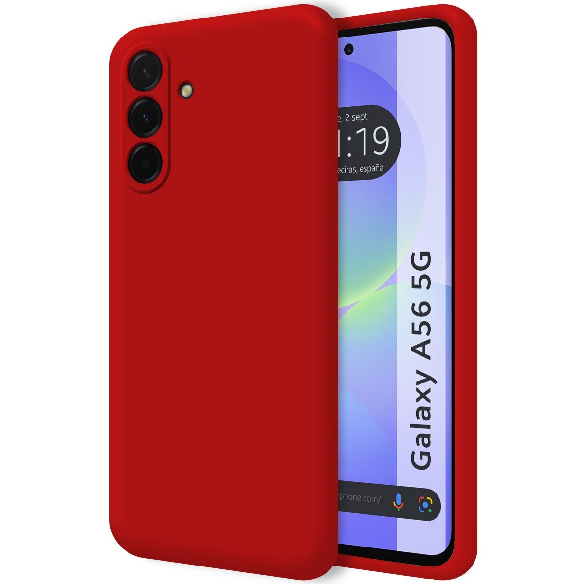 Custodia rossa con telefono all'interno, che mostra l'ora e un logo 5G.