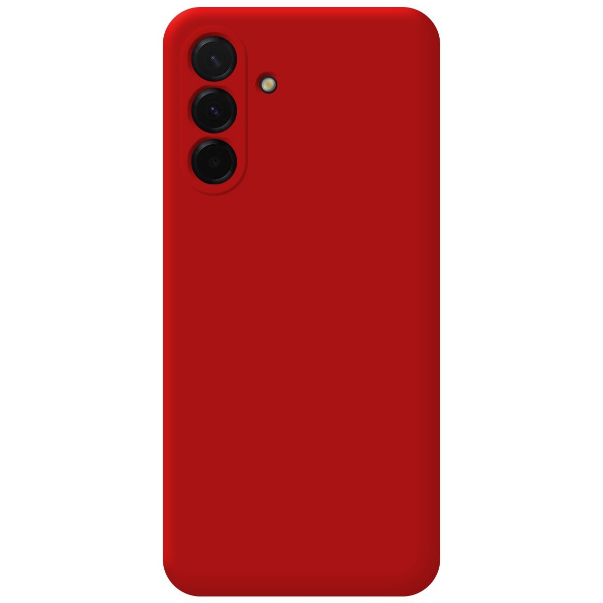 Custodia rossa per telefono con tre obiettivi della fotocamera disposti verticalmente.