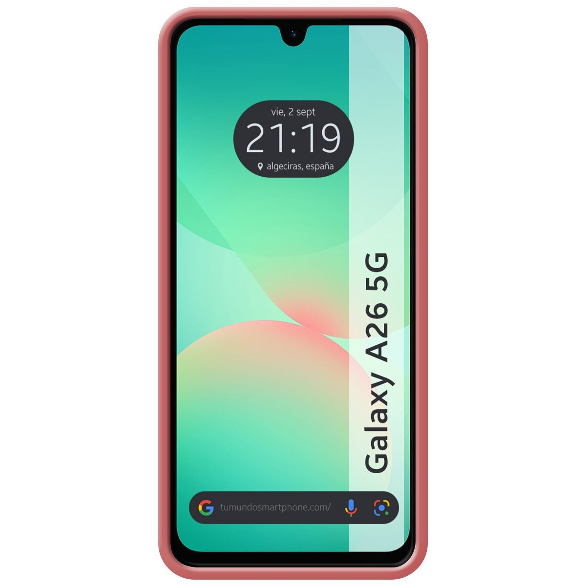 Una funda de teléfono rosa en un smartphone Galaxy A26 5G que muestra la hora. Fondo blanco.