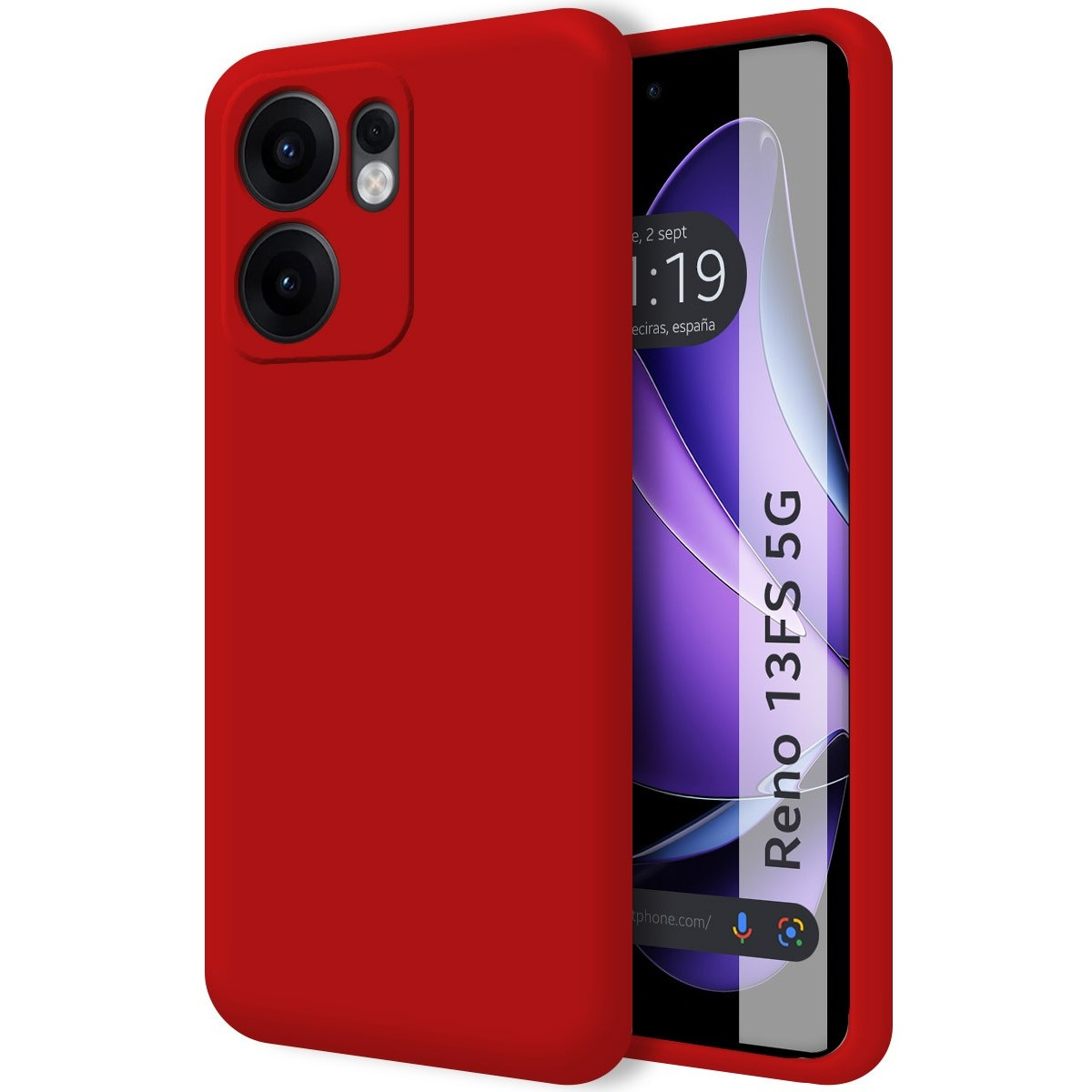 Custodia rossa per telefono con un telefono dentro. Lo schermo del telefono mostra data e ora.