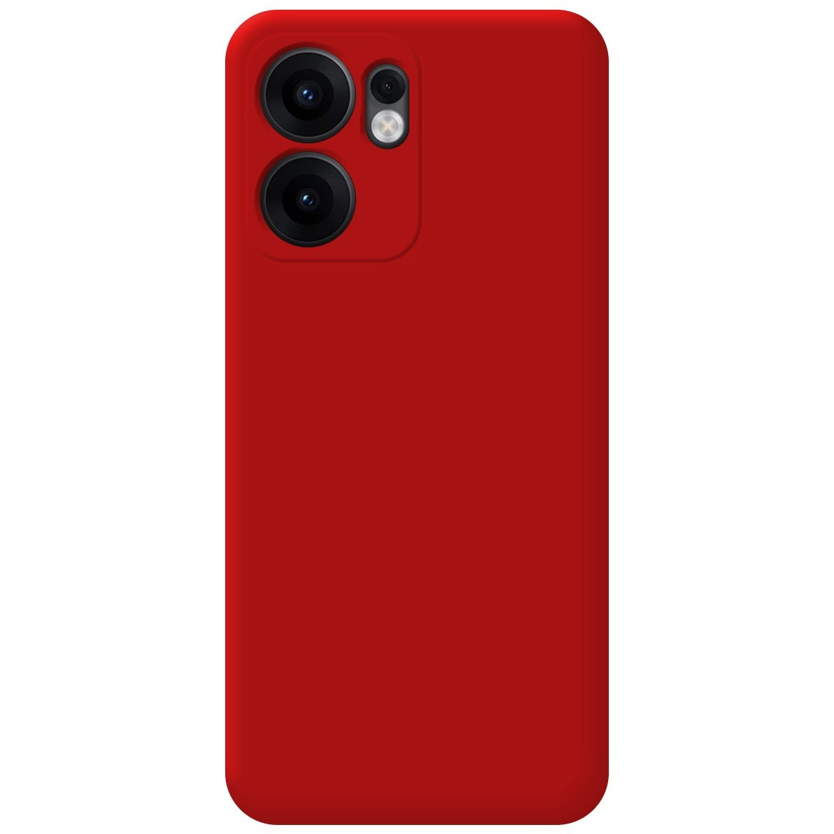 Custodia per telefono rossa con tre obiettivi per fotocamera. La custodia ha una texture lucida.