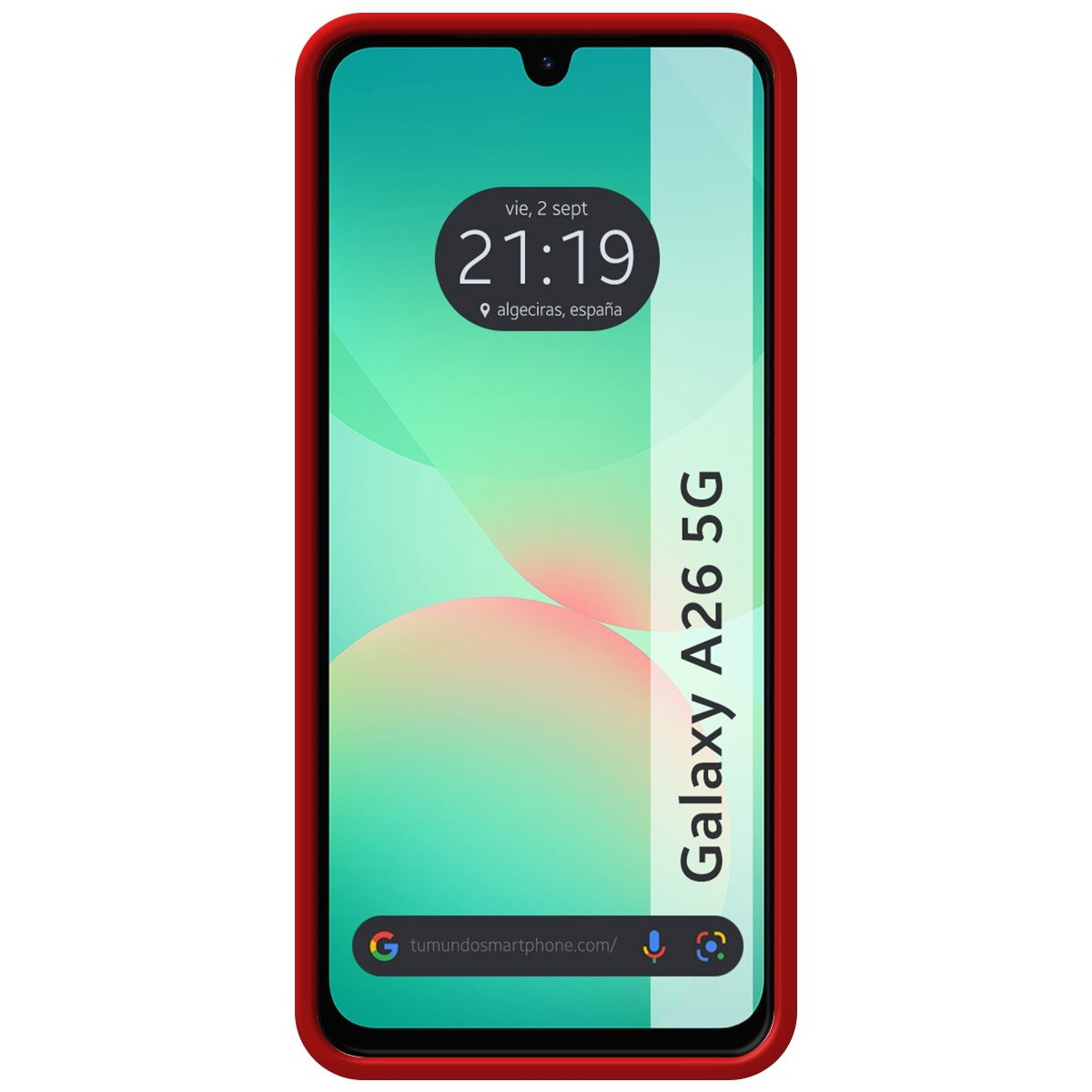 Custodia per telefono rossa con un display del telefono che mostra l'ora e il modello del telefono.