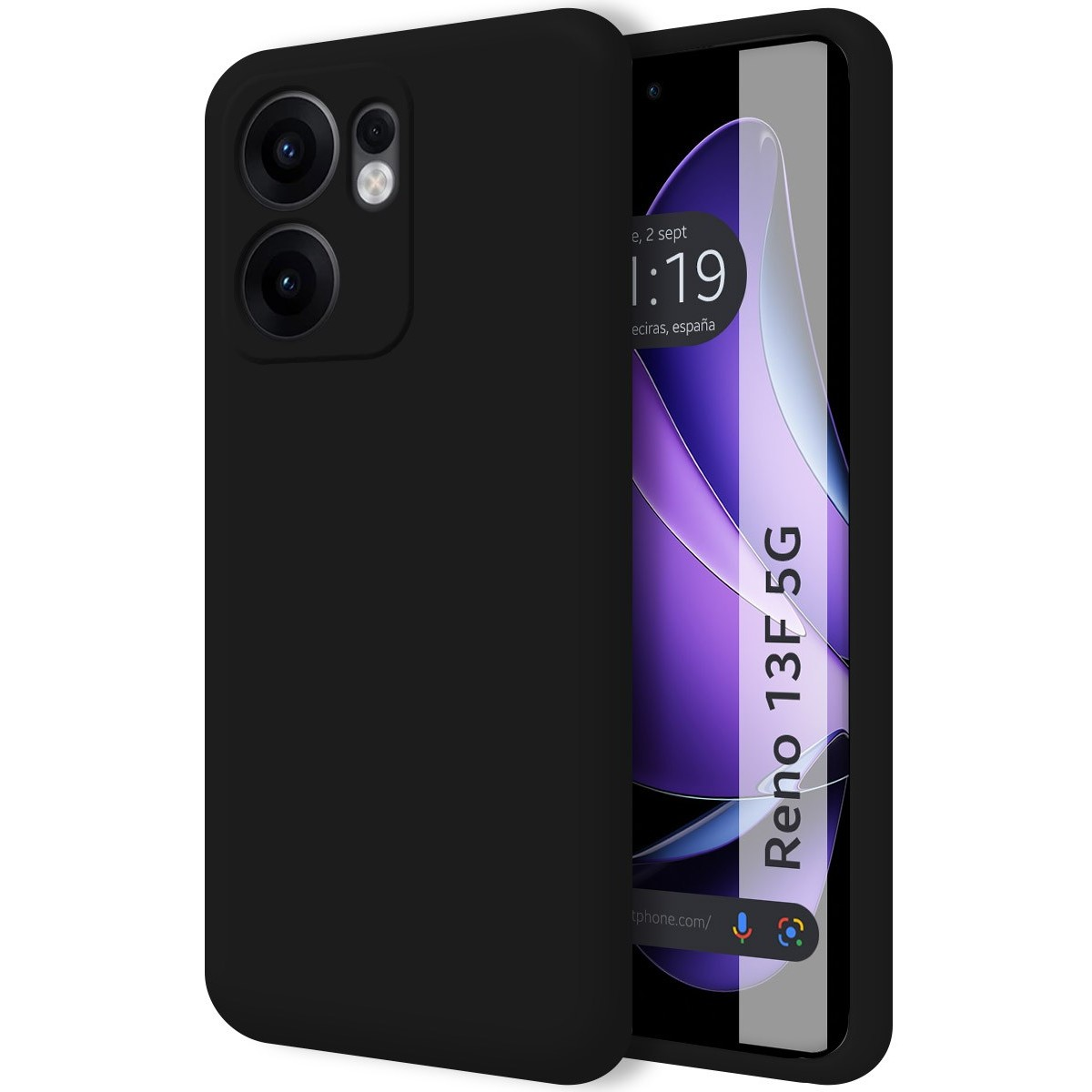 Funda y teléfono negros con pantalla. El teléfono muestra la hora y las palabras Reno 13F 5G.