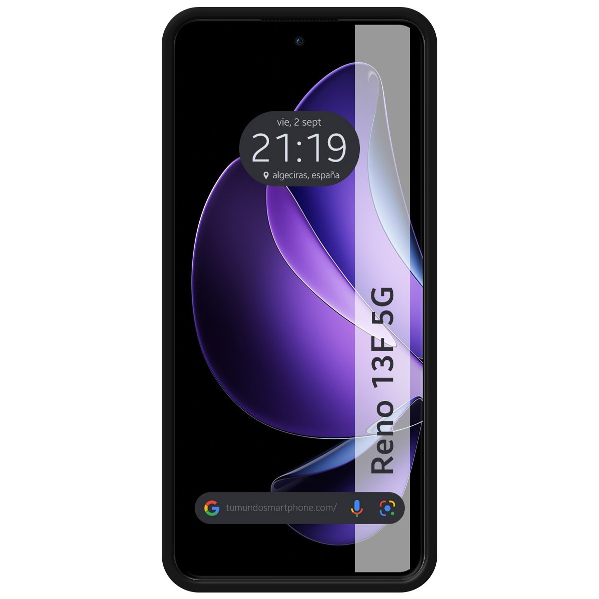 Un smartphone con marco negro muestra la hora y una imagen abstracta púrpura. La funda es negra.