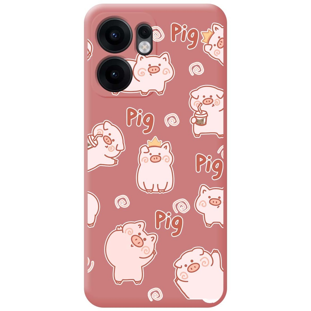 Funda de teléfono rosa con cerdos de dibujos animados, algunos con bocadillos, sobre fondo rosa.