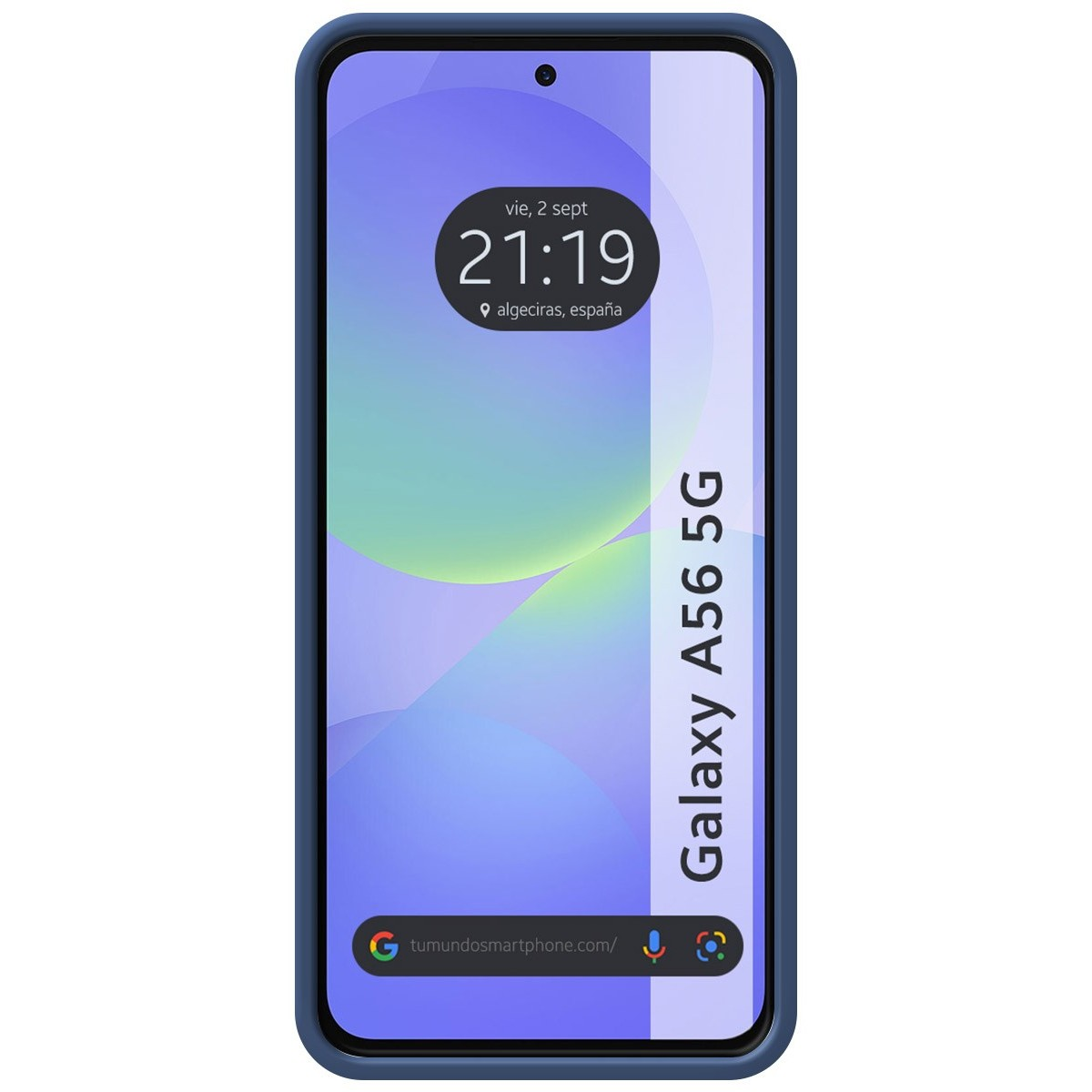Funda de teléfono azul con un teléfono. El teléfono muestra la hora y la ubicación algeciras, españa.
