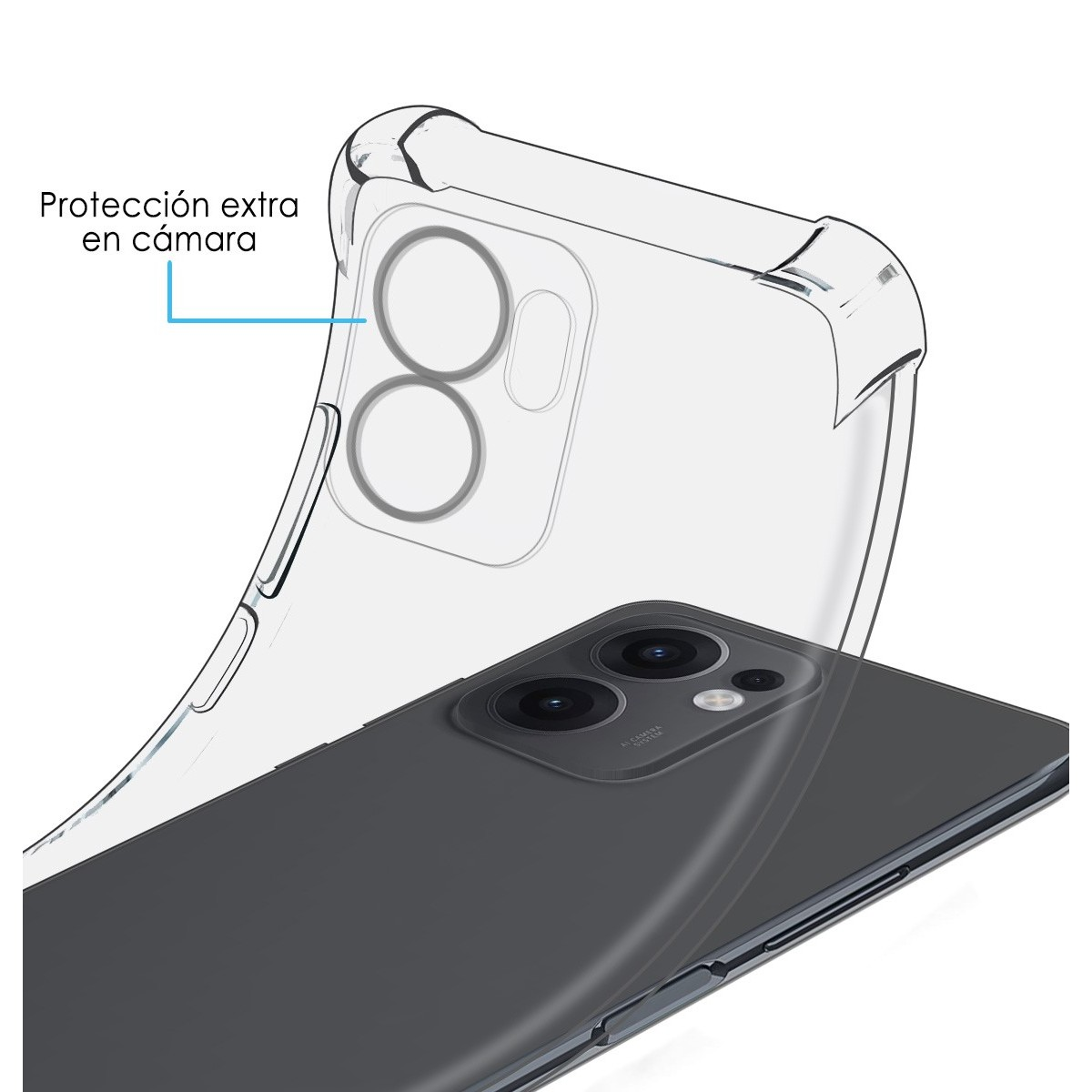 Custodia trasparente su telefono scuro. Il testo indica la protezione della fotocamera.
