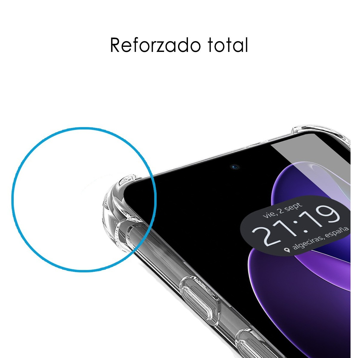 Primo piano di un angolo della custodia del telefono con lo schermo del telefono visibile.