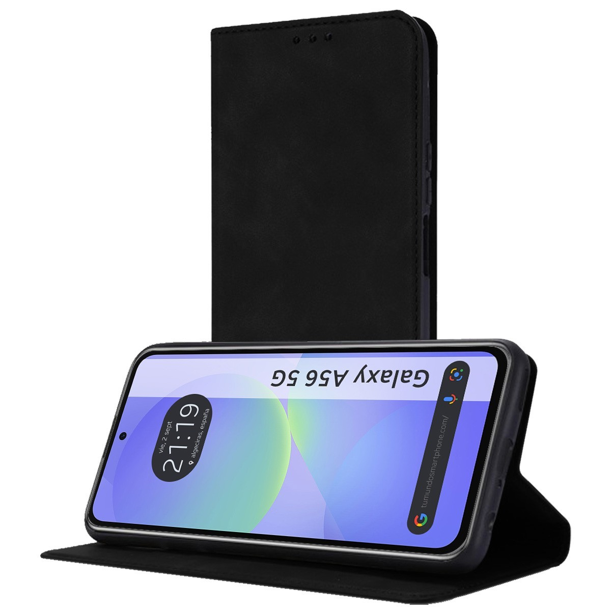 Una funda de teléfono negra, abierta, mostrando un teléfono. El teléfono muestra la hora y 'Galaxy A56 5G'.