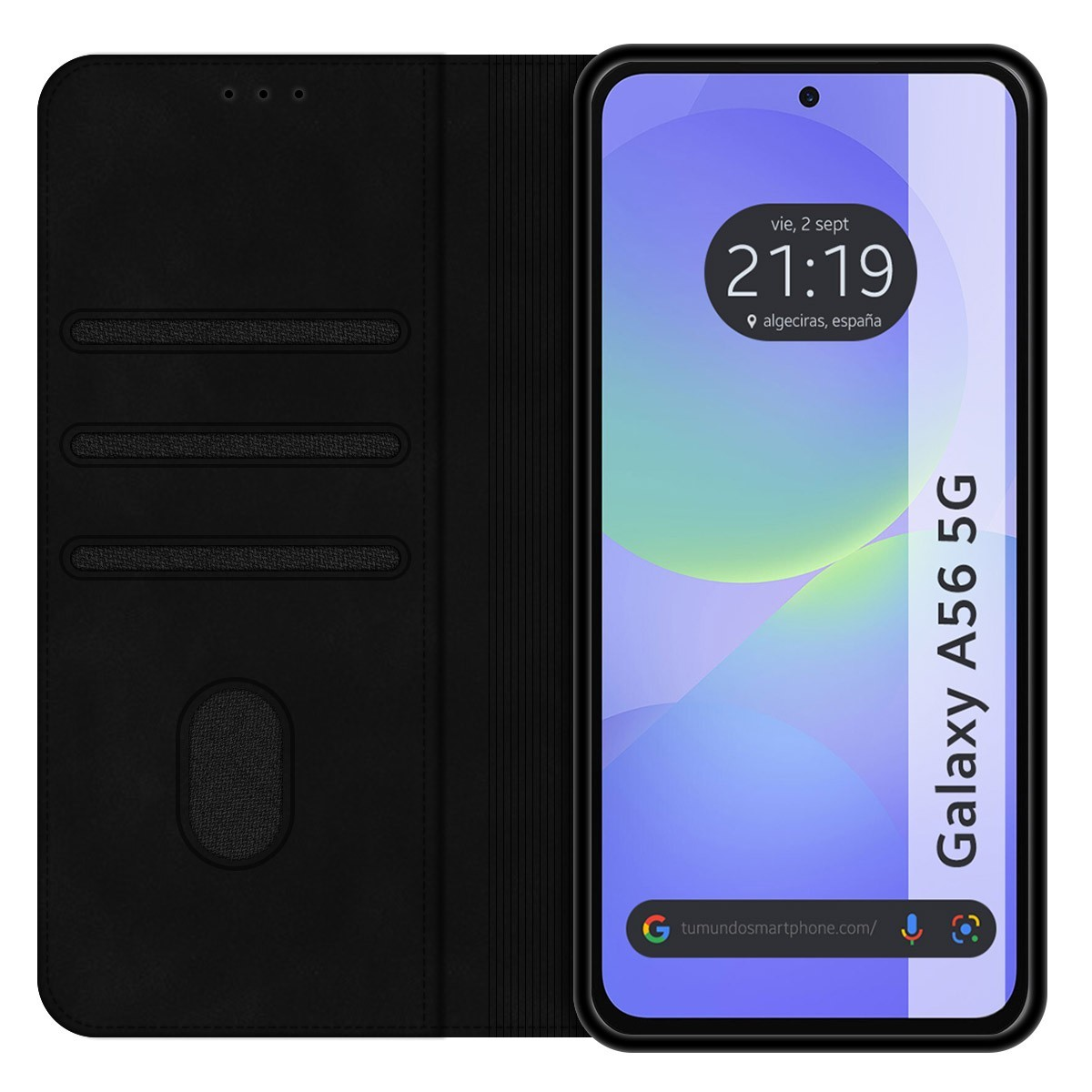 Funda de teléfono negra con teléfono mostrando la hora. La funda está cerrada.