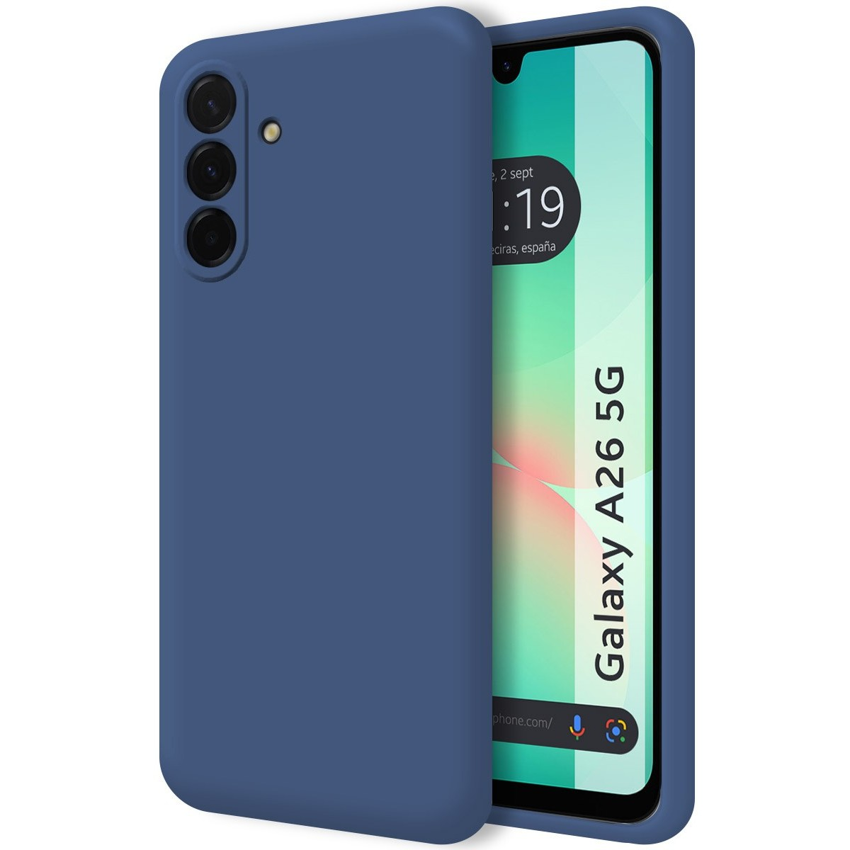 Custodia blu per telefono con schermo del telefono visibile.