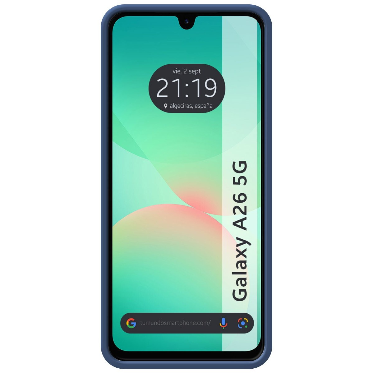 Una custodia per telefono blu con un telefono che mostra l'ora e la data. Le parole "Galaxy A26 5G" sono sul lato.