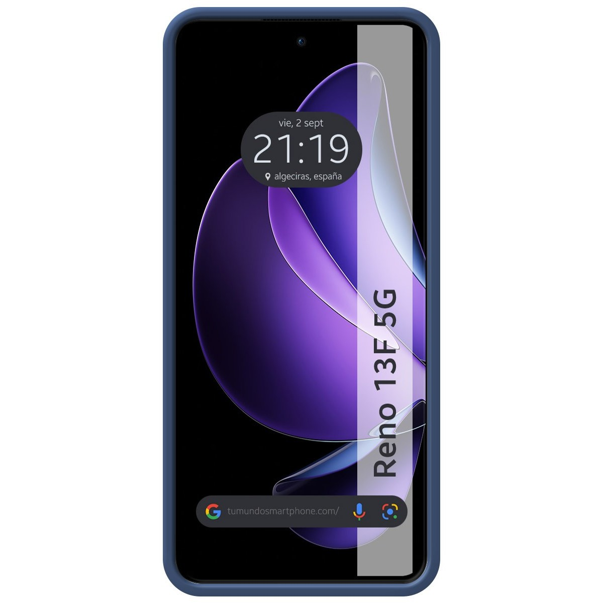 Smartphone en una funda azul, mostrando hora y ubicación en pantalla.