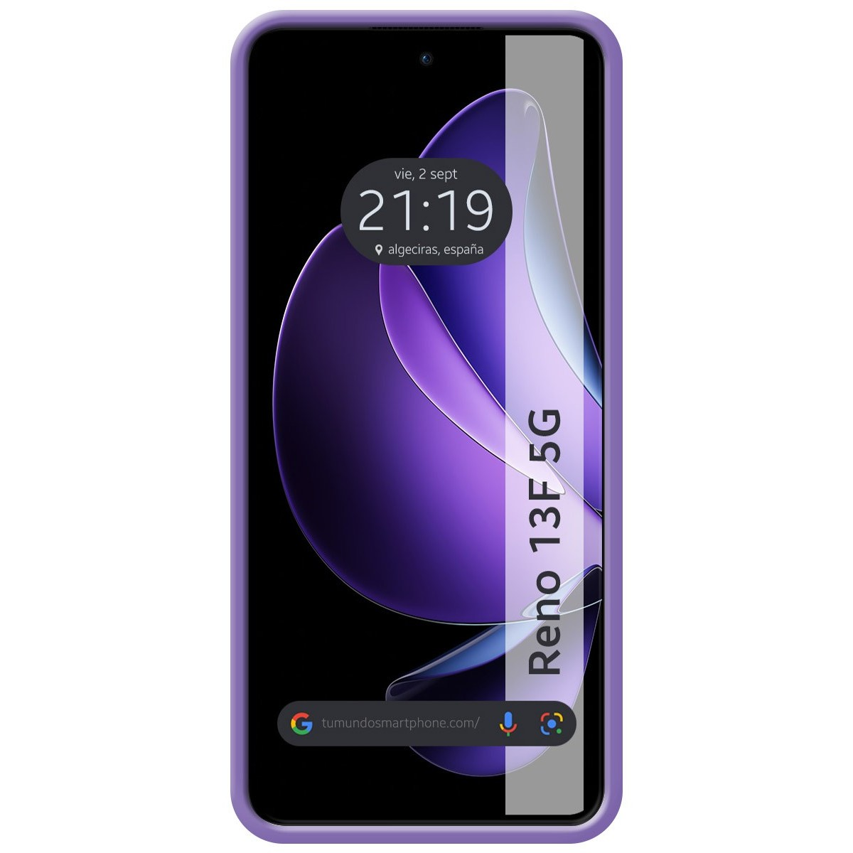 Telefono con custodia viola, mostra l'ora. Lo schermo ha un design astratto viola.