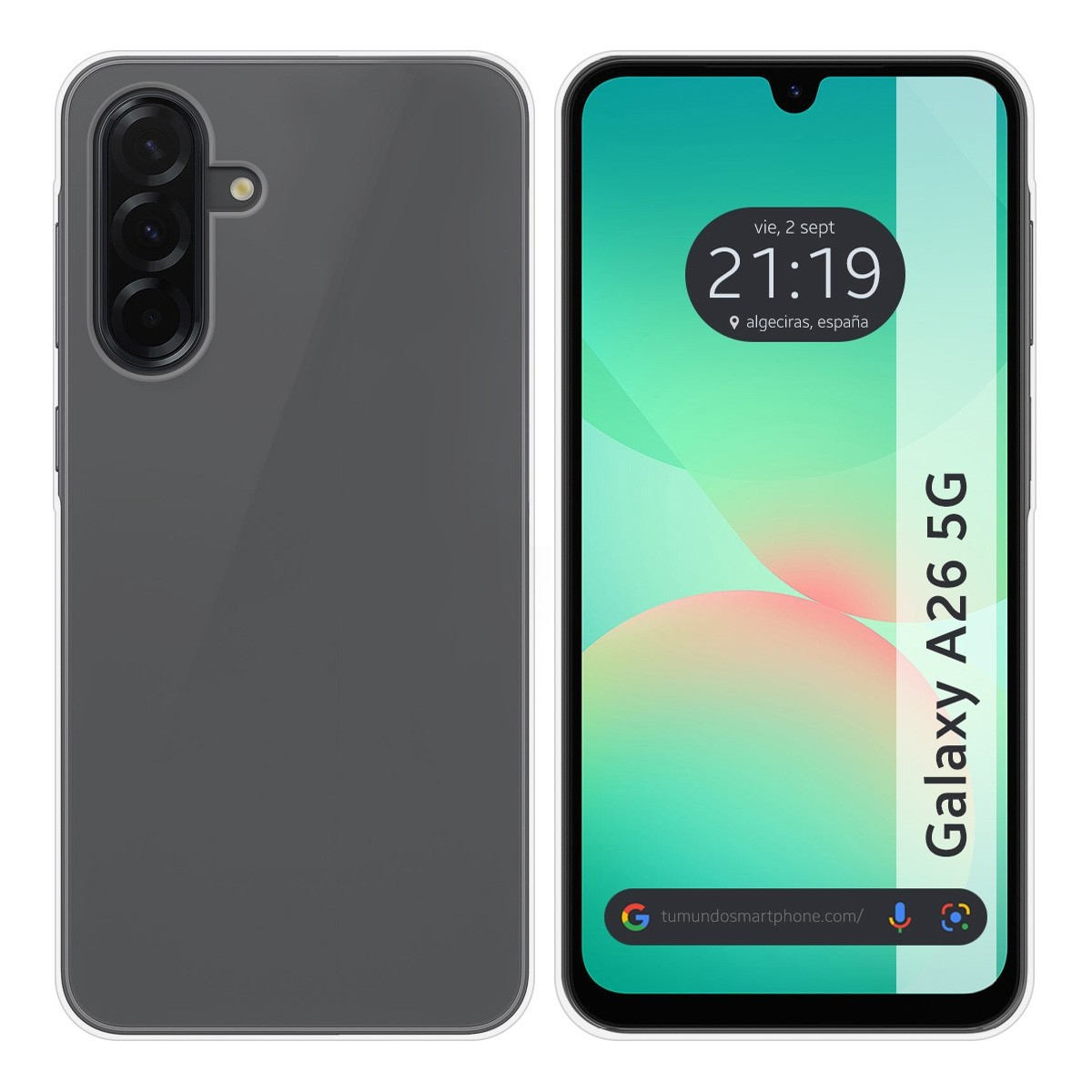 Telefono con retro grigio bicolore e schermo con ora e data. Sfondo bianco.