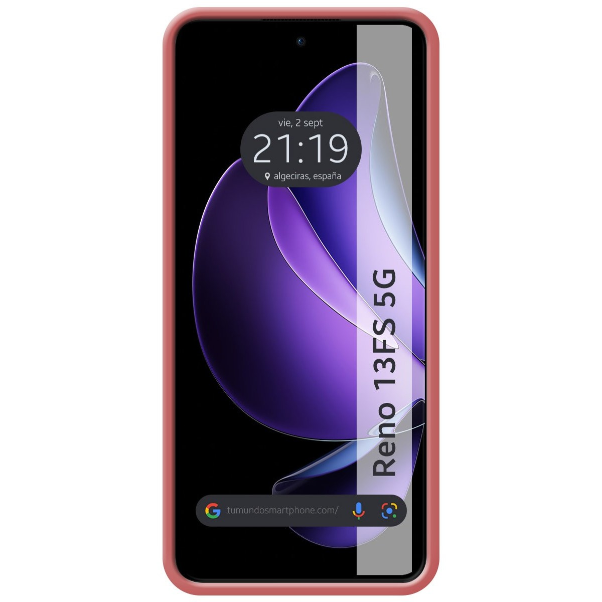 Telefono con cornice rosa. Lo schermo mostra l'ora e le parole Reno 13F 5G. Lo schermo è viola.