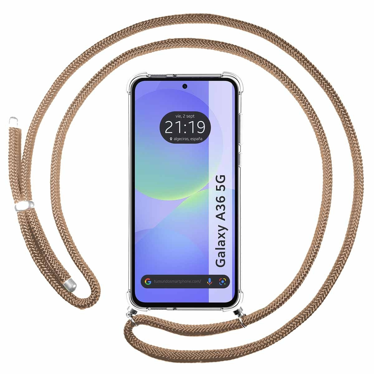 Telefono con cinturino marrone. Il telefono mostra l'ora e la data. Cinturino beige con custodia trasparente.