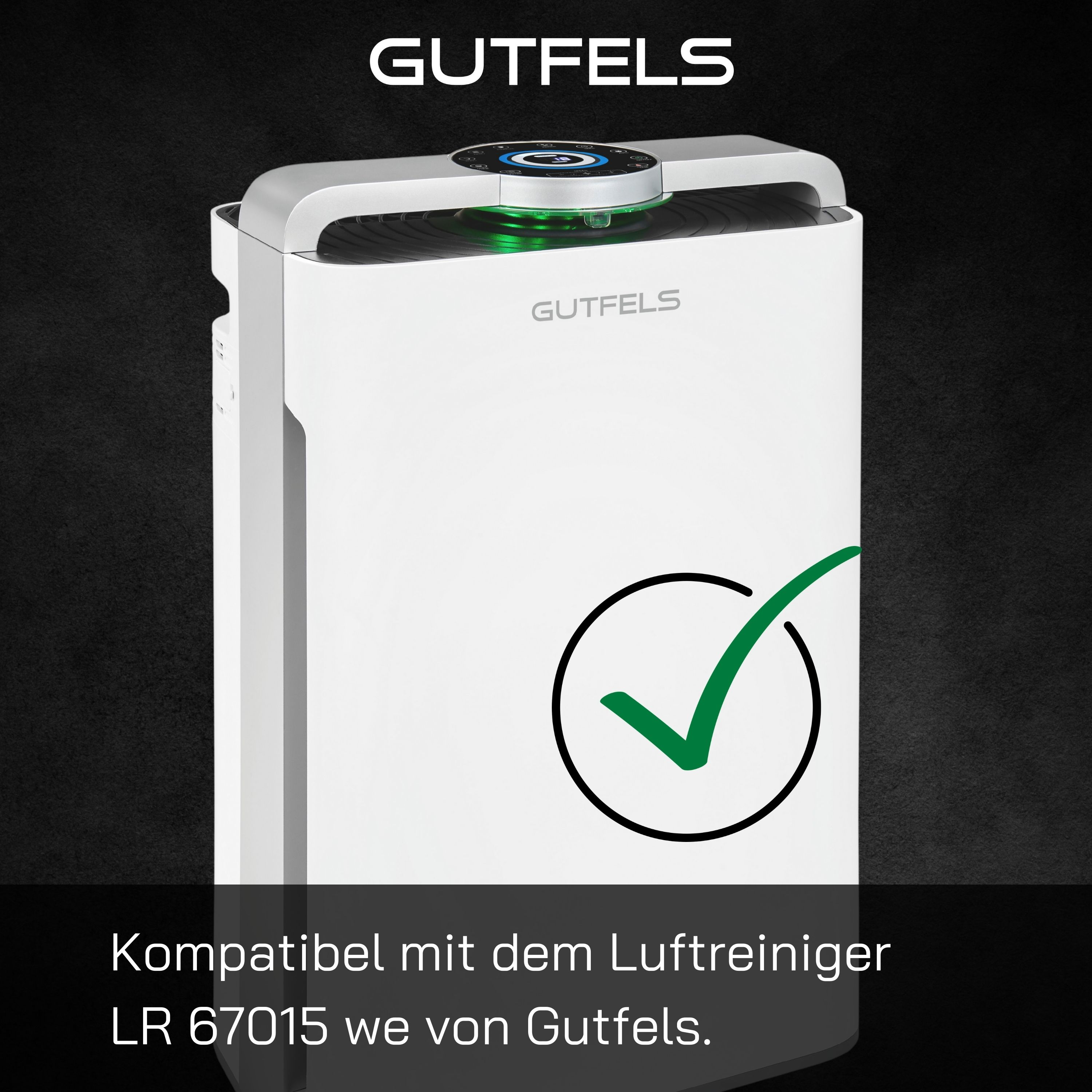 Weißer Luftreiniger mit grünem Häkchen. Schwarzer Hintergrund mit dem Markennamen GUTFELS.
