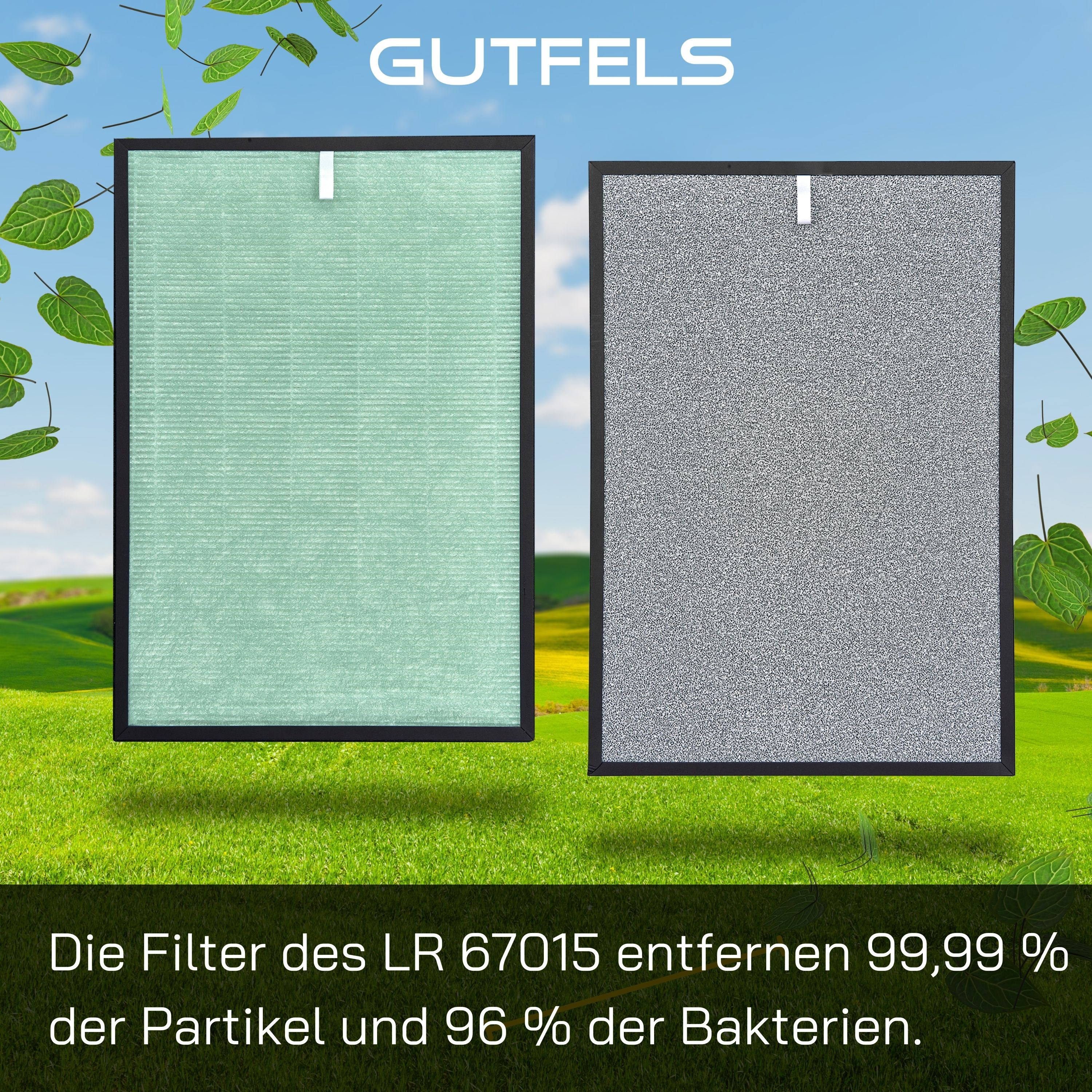 Zwei Luftfilter, einer grün, einer grau. Text besagt, dass Filter 99,99% der Partikel und 96% der Bakterien entfernen.