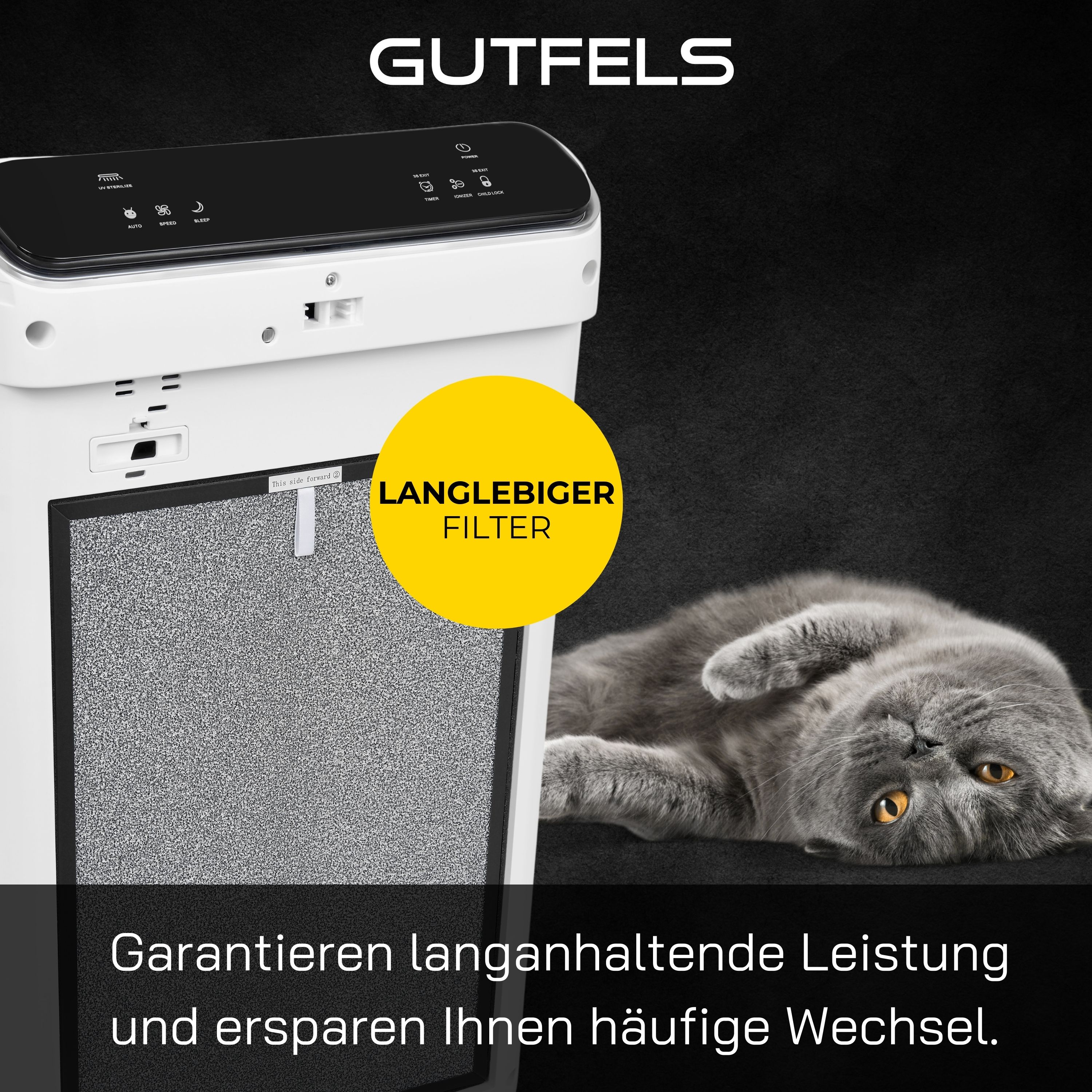 Ein weißer Luftreiniger mit Filter und eine Katze, die daneben liegt.