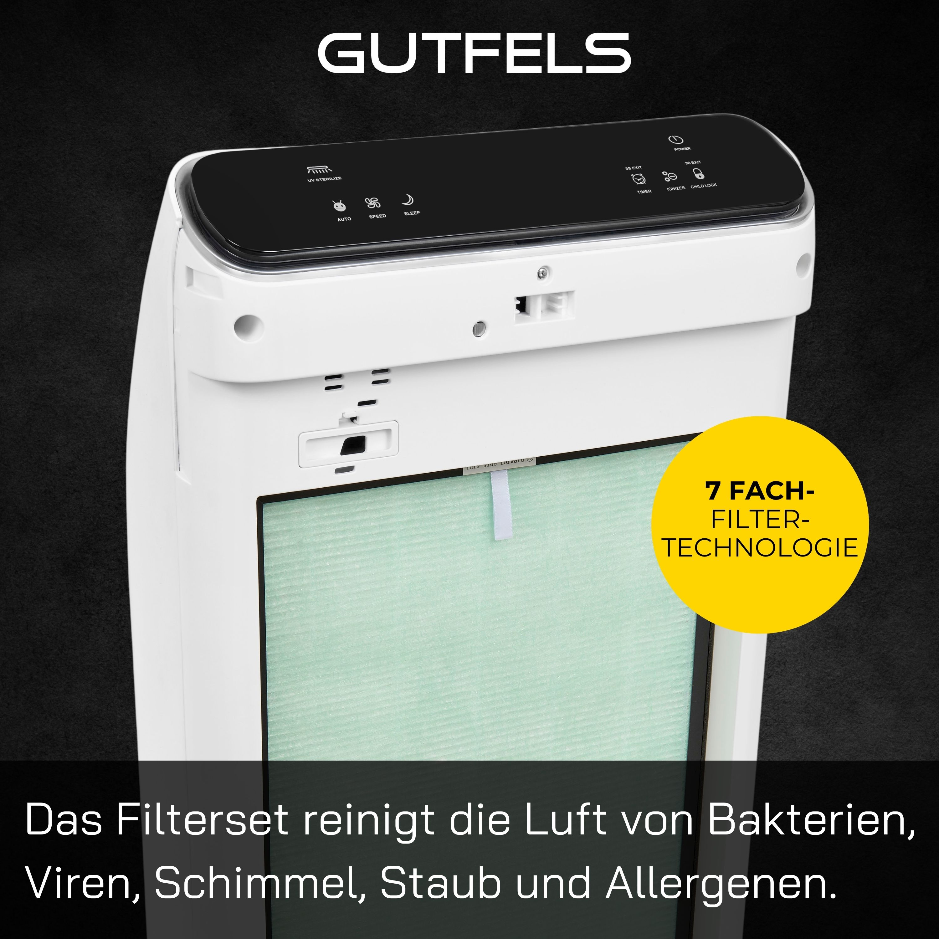 Weißer Luftreiniger mit schwarzem Deckel. Der Text unten besagt, dass er die Luft von Bakterien, Viren, Staub und Allergenen reinigt.