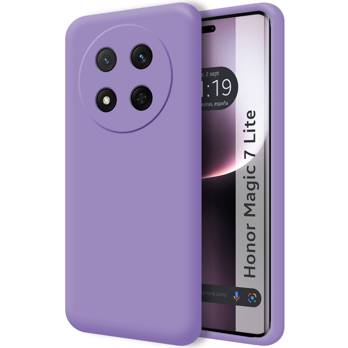 Custodia viola con design fotocamera circolare e telefono Honor Magic 7 Lite.