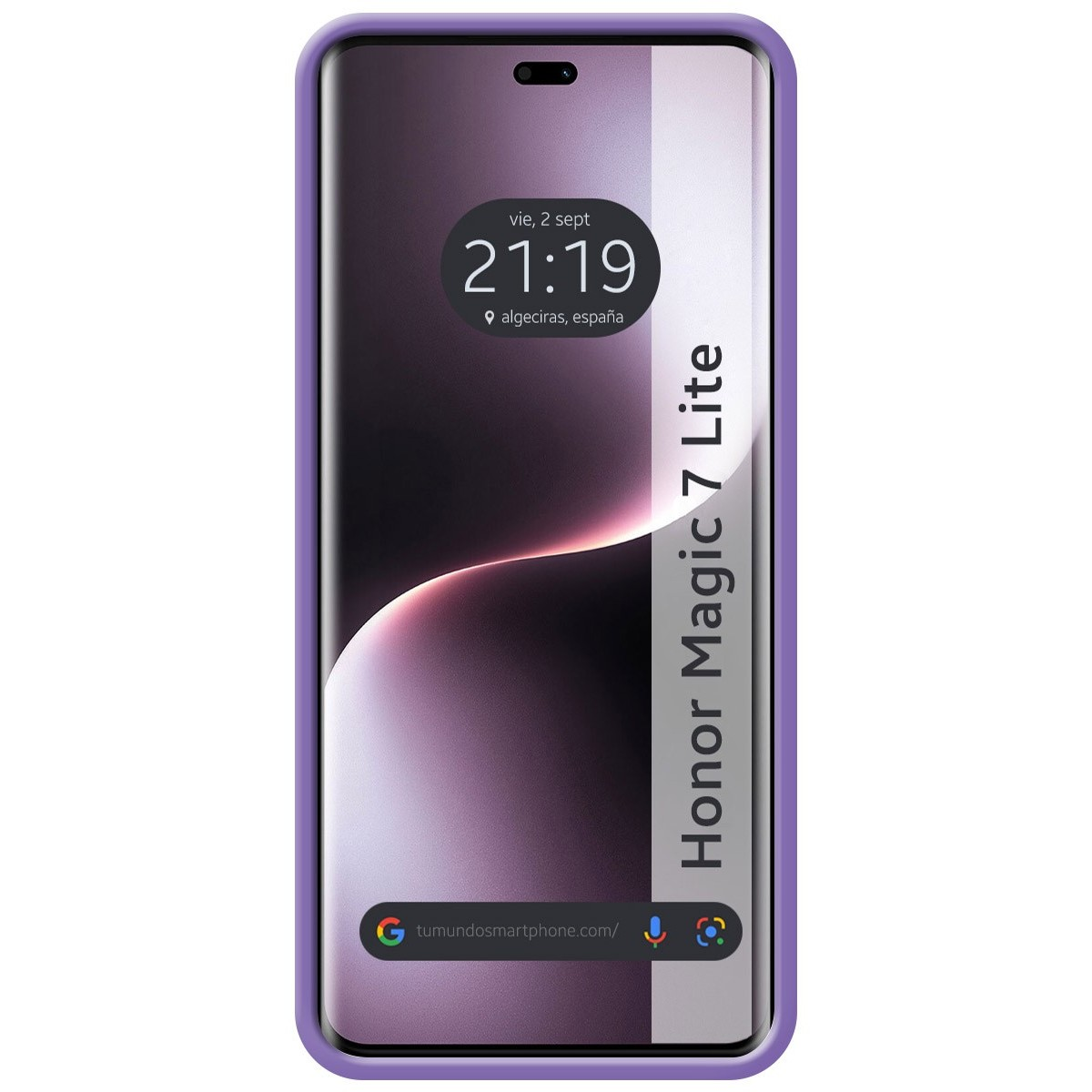 Uno smartphone con schermo che mostra ora e luogo, con custodia viola.